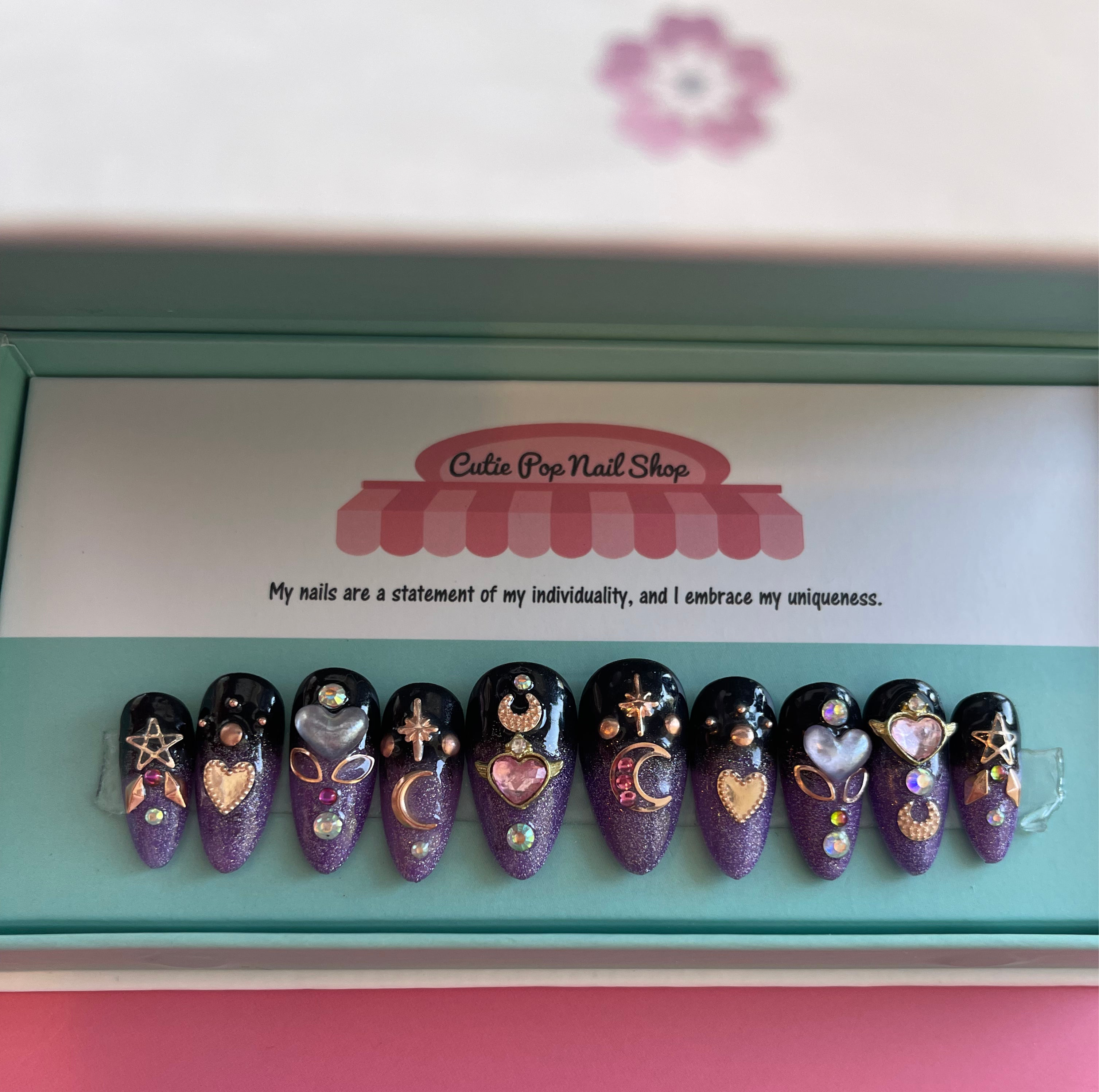 Glitter Coffin Press On Nails — Cosmic Moon Nail Set | Handmade