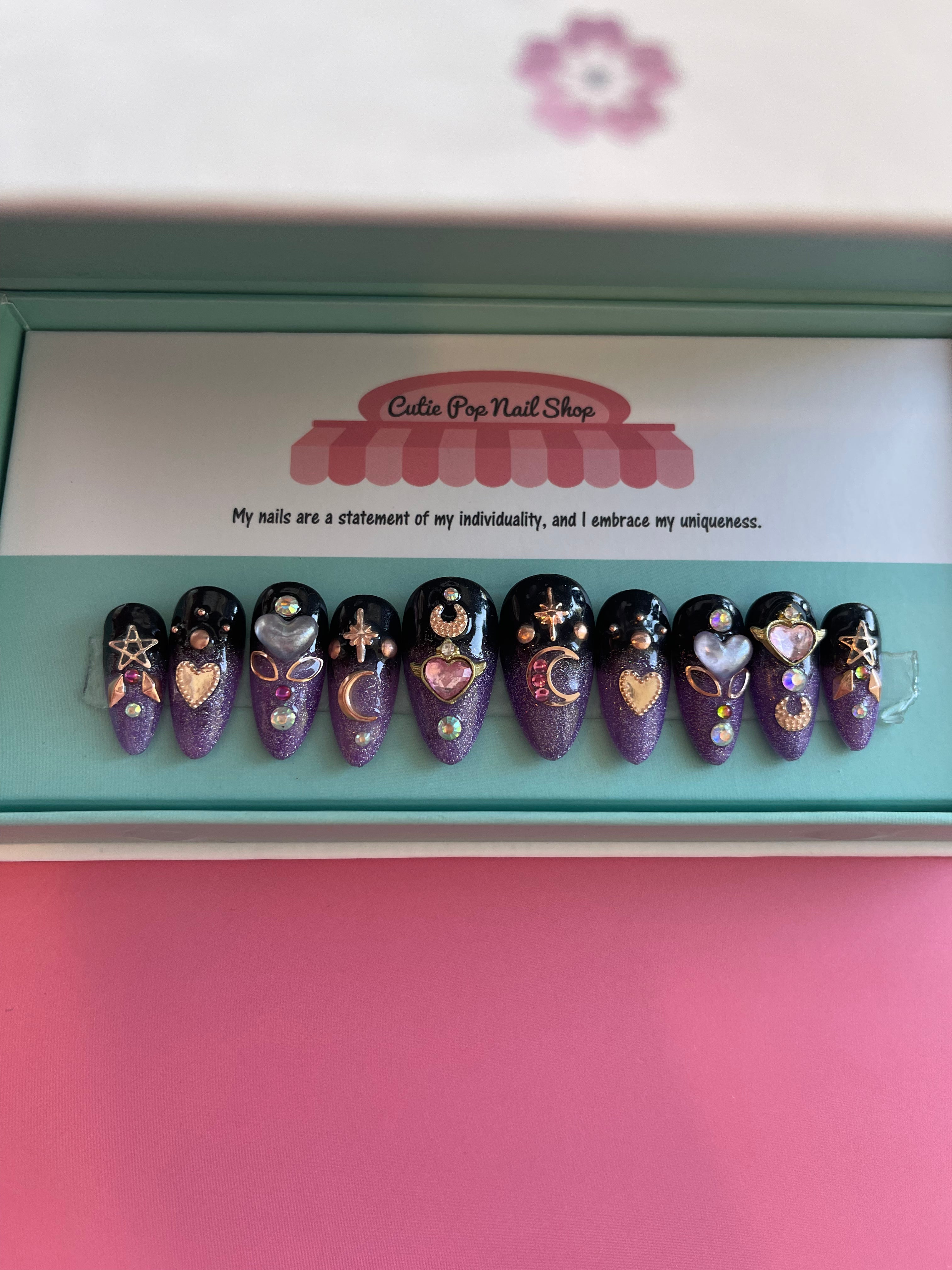 Glitter Coffin Press On Nails — Cosmic Moon Nail Set | Handmade
