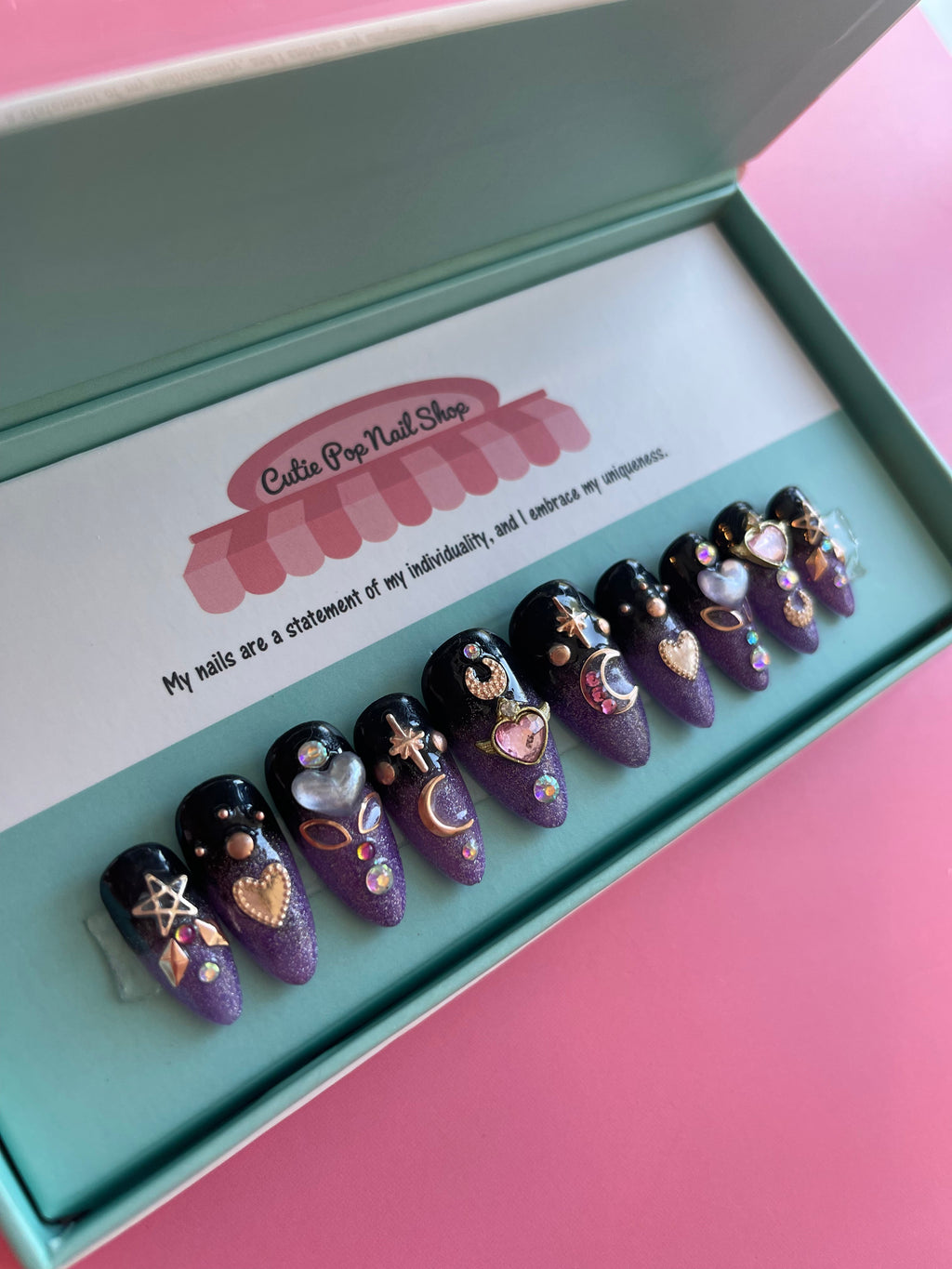 Glitter Coffin Press On Nails — Cosmic Moon Nail Set | Handmade
